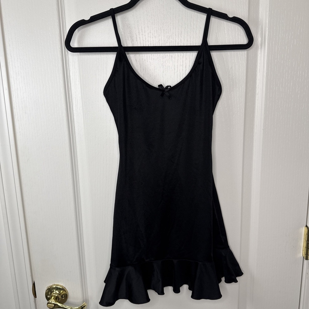 Womens Black Satin Slip Dress One Size Ruffle Hem Y2K Coquette Babydoll Mini